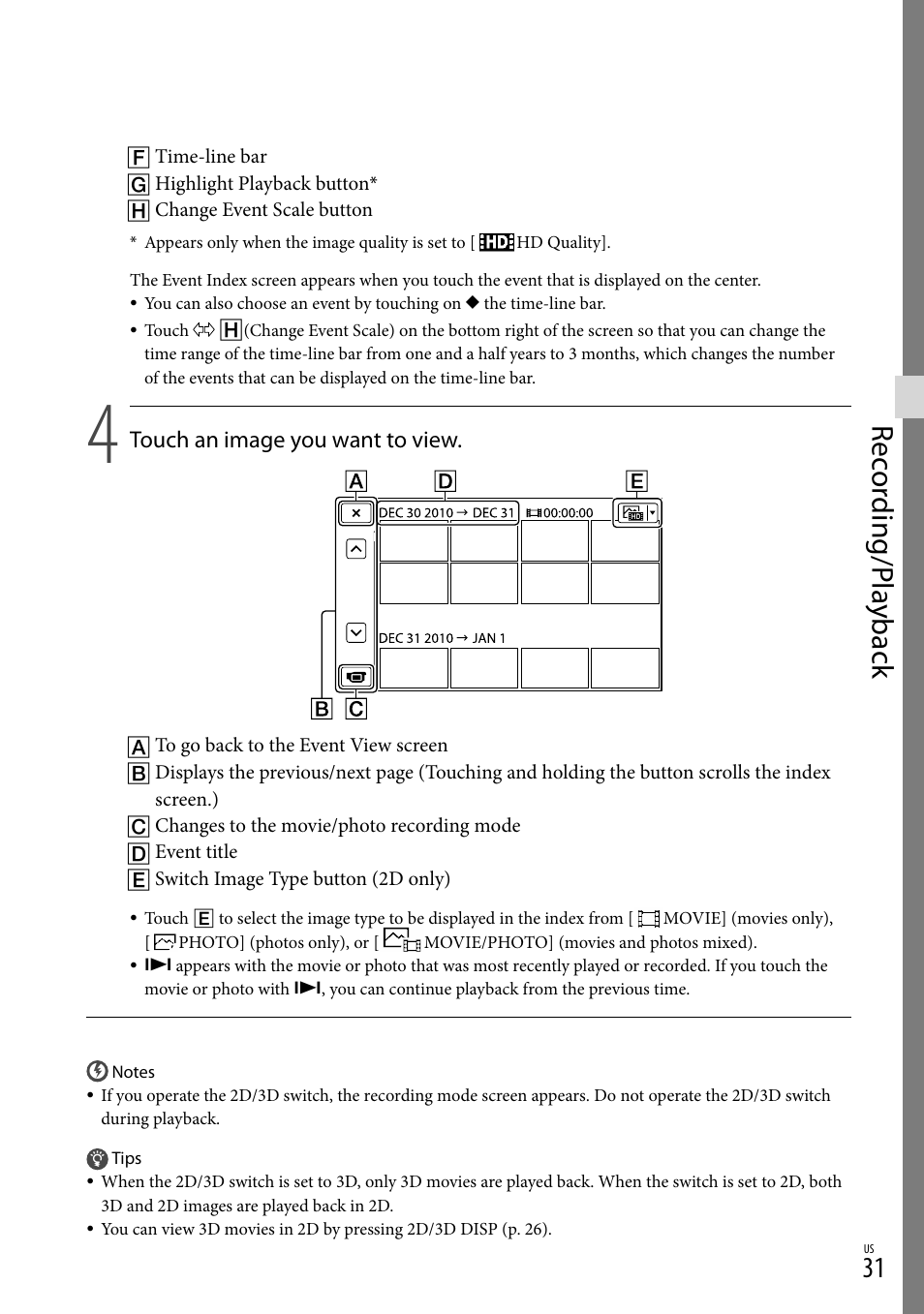 Rec or ding/p la yback | Sony HDR-TD10 User Manual | Page 31 / 142