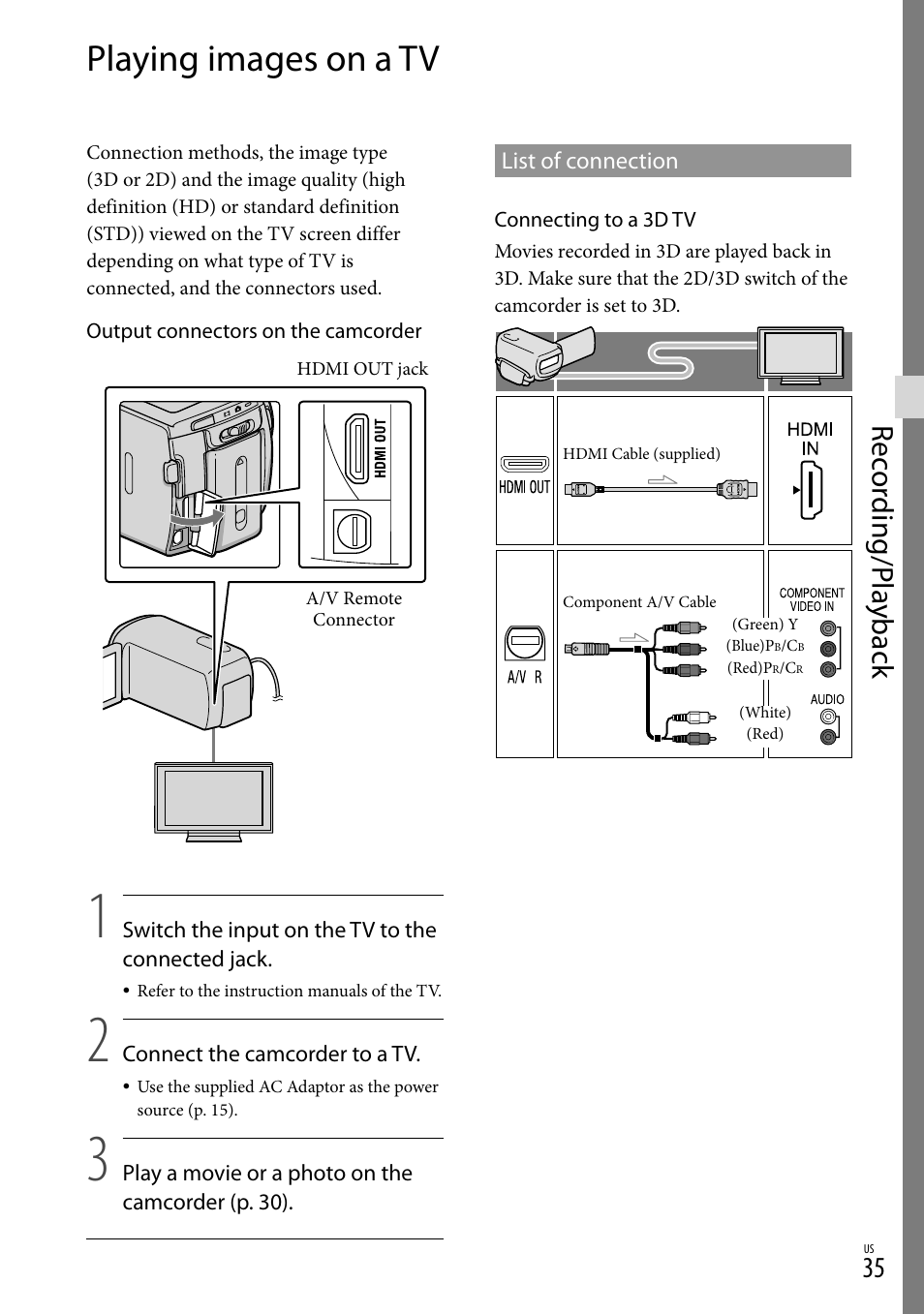 Playing images on a tv, Rec or ding/p la yback | Sony HDR-TD10 User Manual | Page 35 / 142