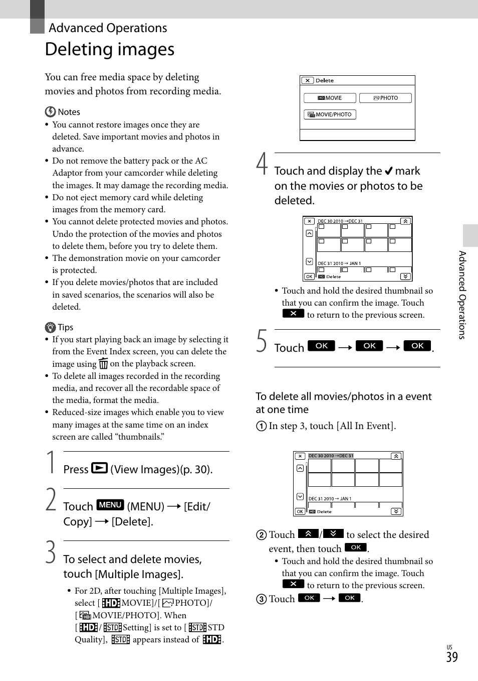 Advanced operations, Deleting images | Sony HDR-TD10 User Manual | Page 39 / 142