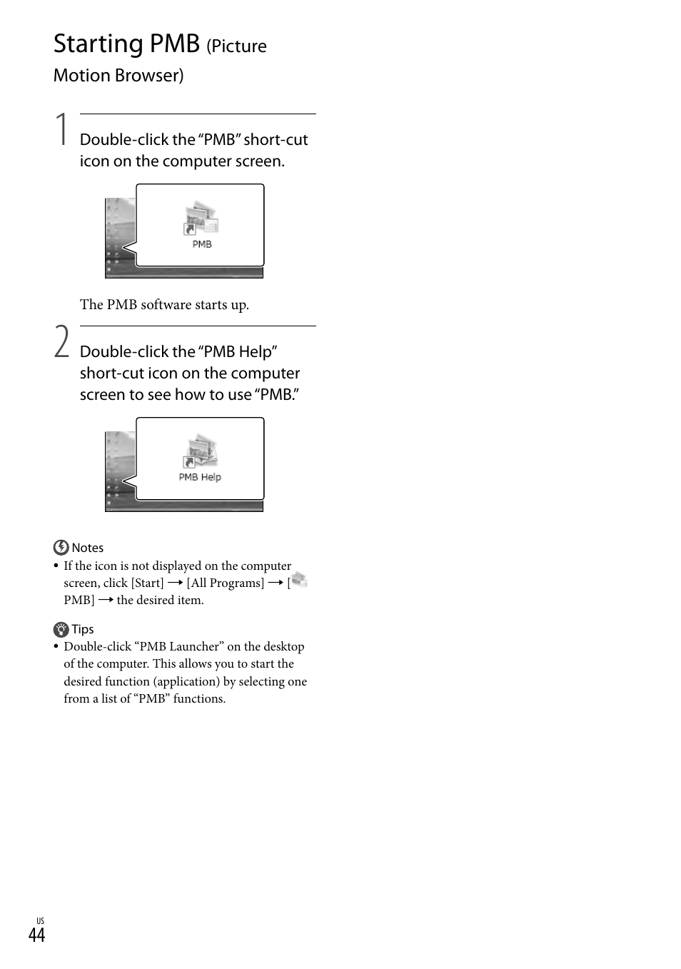 Starting pmb (picture motion browser), Starting pmb | Sony HDR-TD10 User Manual | Page 44 / 142