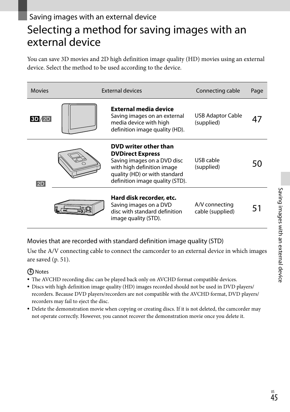 Saving images with an external device, E 45 | Sony HDR-TD10 User Manual | Page 45 / 142