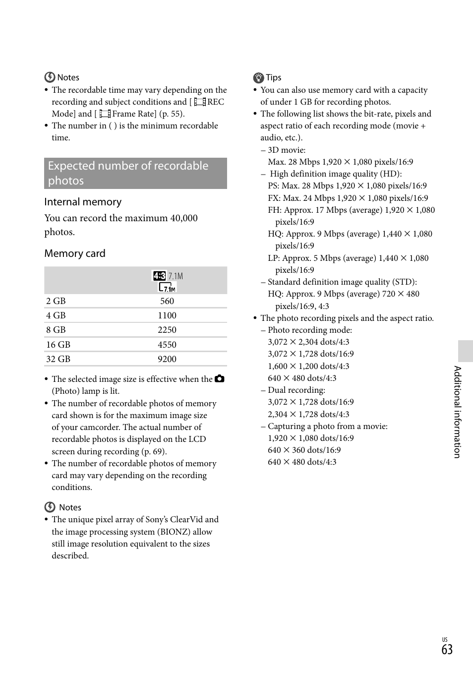 Expected number of recordable photos | Sony HDR-TD10 User Manual | Page 63 / 142