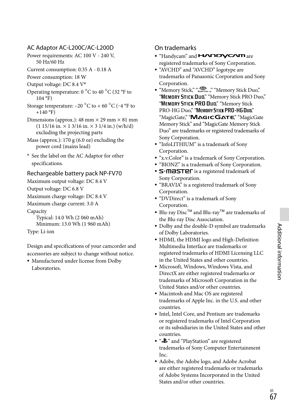 On trademarks, Rechargeable battery pack np-fv70 | Sony HDR-TD10 User Manual | Page 67 / 142