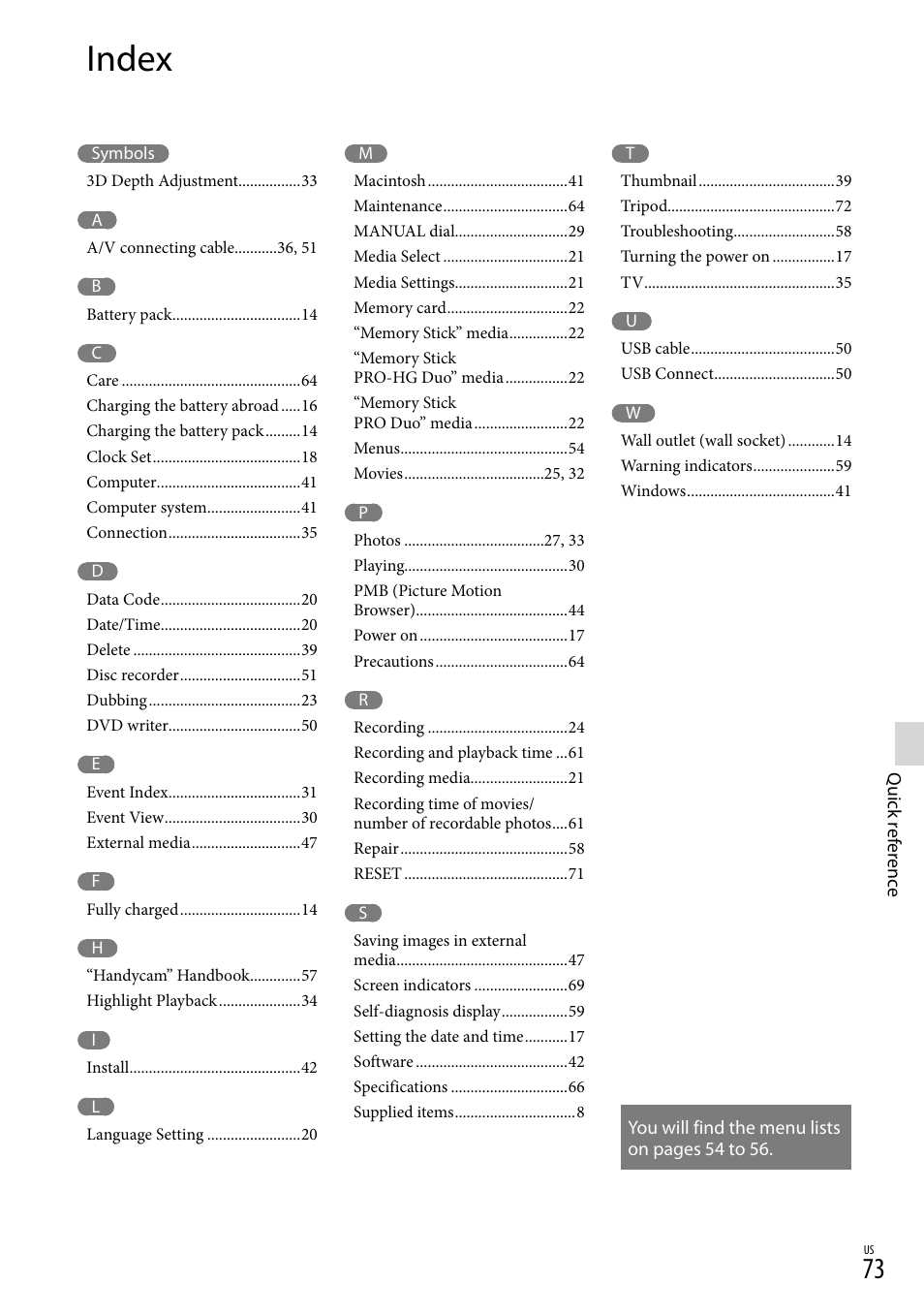 Index | Sony HDR-TD10 User Manual | Page 73 / 142