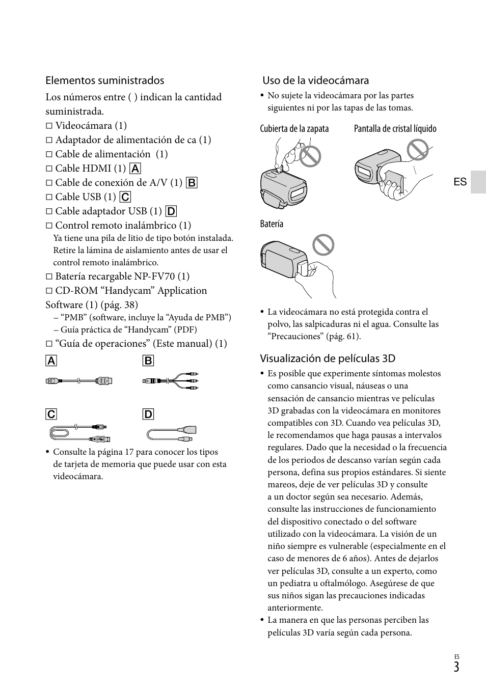 Elementos suministrados, Uso de la videocámara, Visualización de películas 3d | Sony HDR-TD10 User Manual | Page 75 / 142