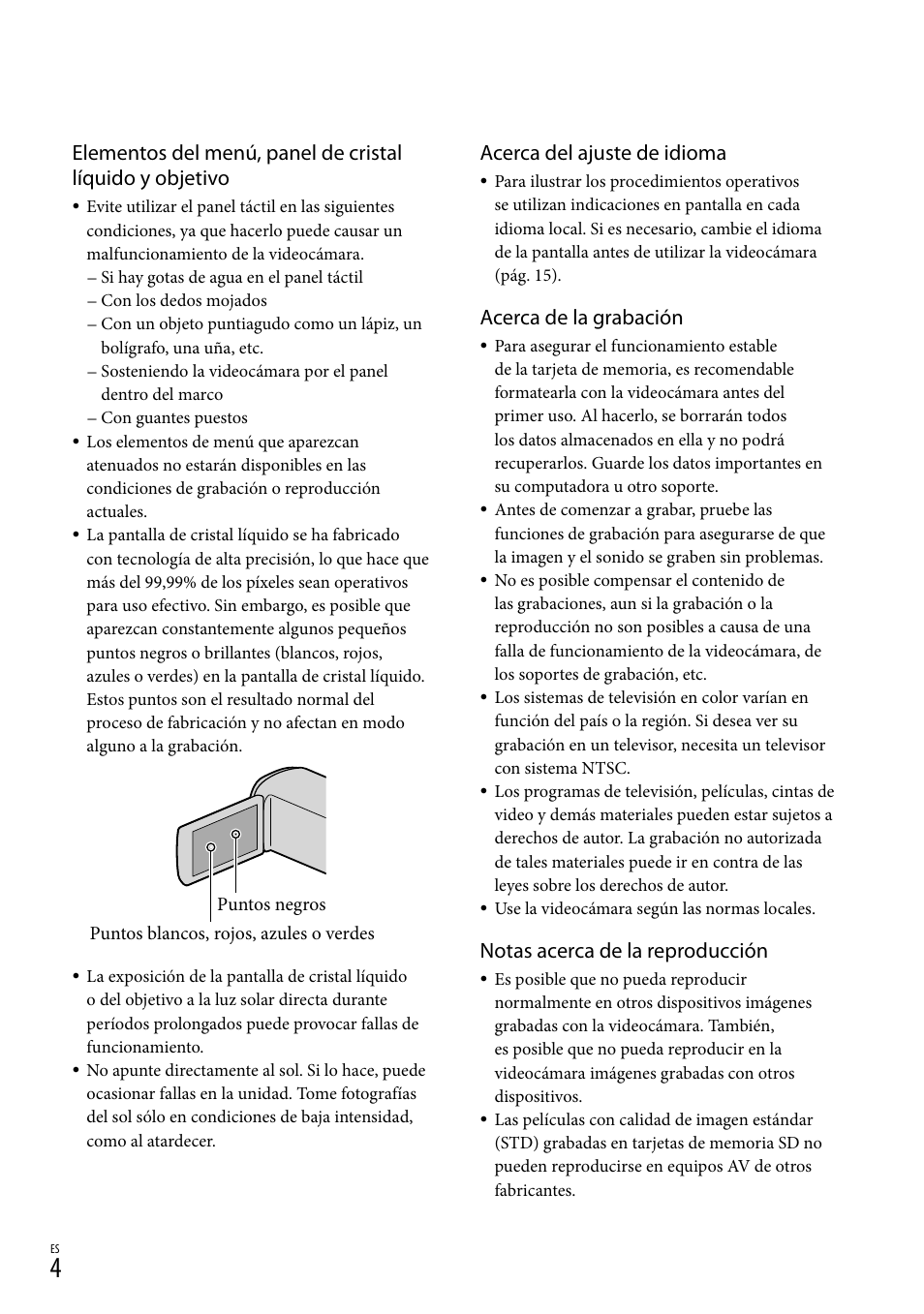Acerca del ajuste de idioma, Acerca de la grabación, Notas acerca de la reproducción | Sony HDR-TD10 User Manual | Page 76 / 142