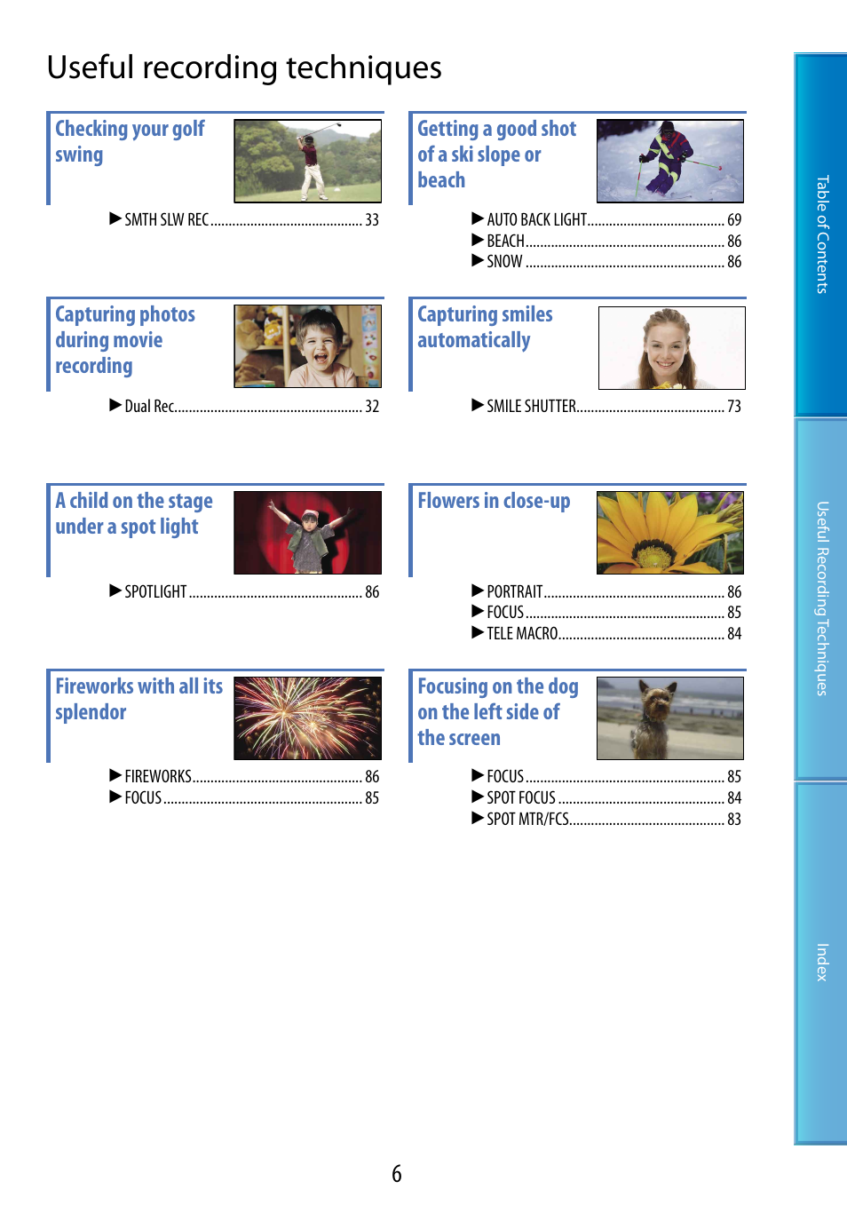 Useful recording techniques | Sony HDR-CX100 User Manual | Page 6 / 113