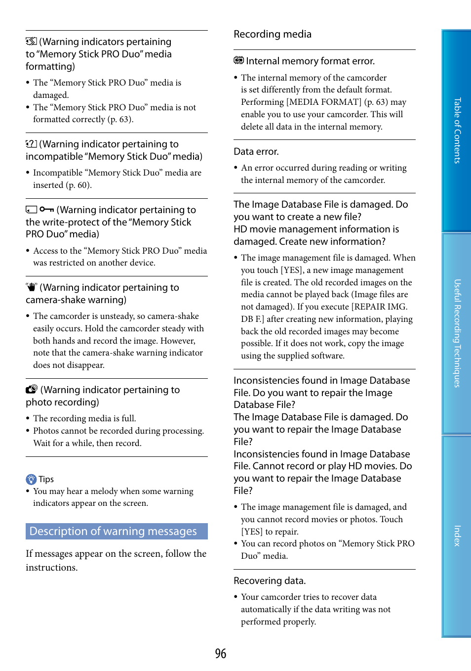 Description of warning messages, Recording media | Sony HDR-CX100 User Manual | Page 96 / 113