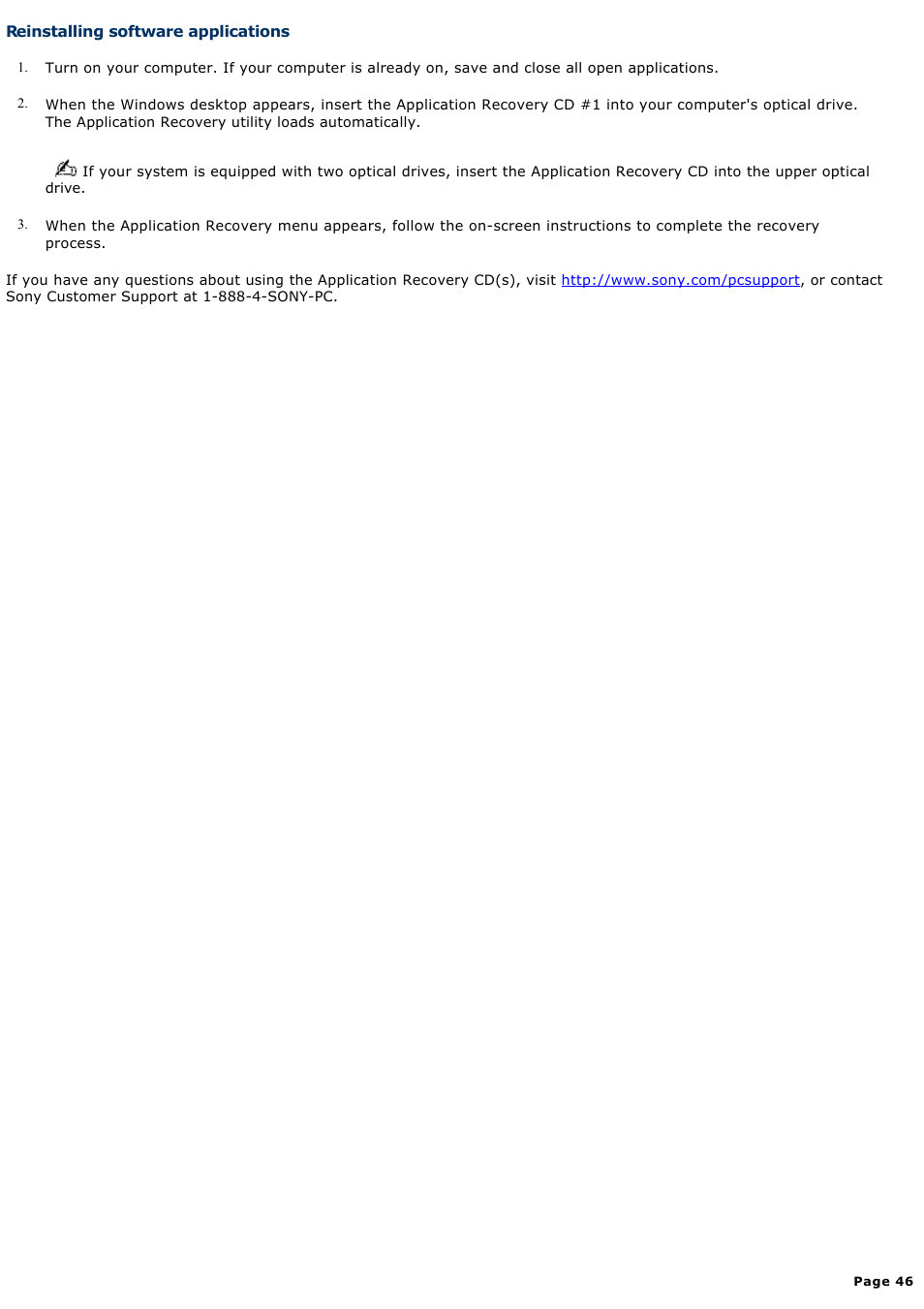 Reinstalling software applications | Sony PCV-RX740 User Manual | Page 46 / 79