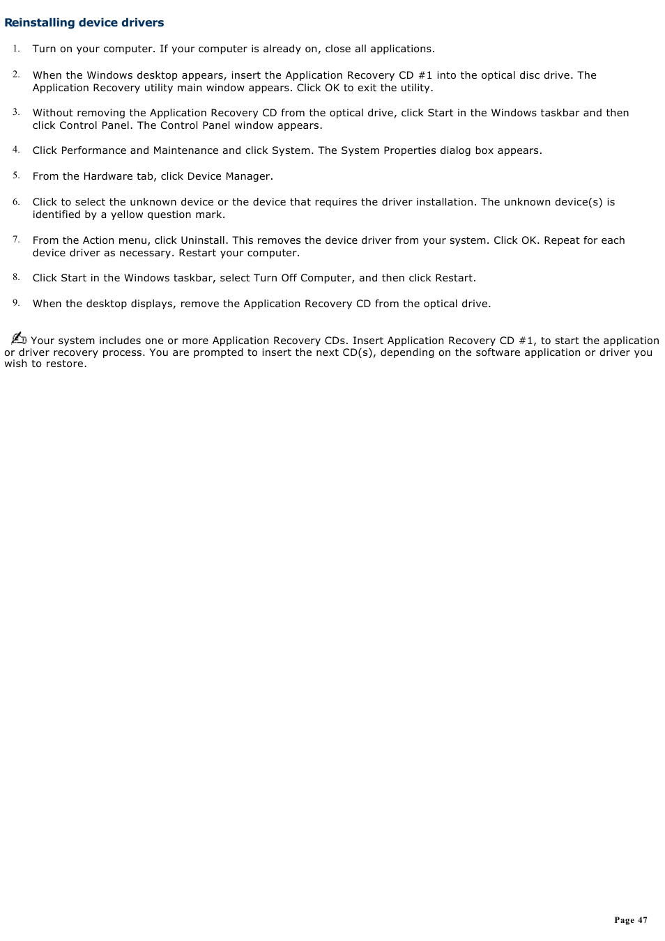 Reinstalling device drivers | Sony PCV-RX740 User Manual | Page 47 / 79