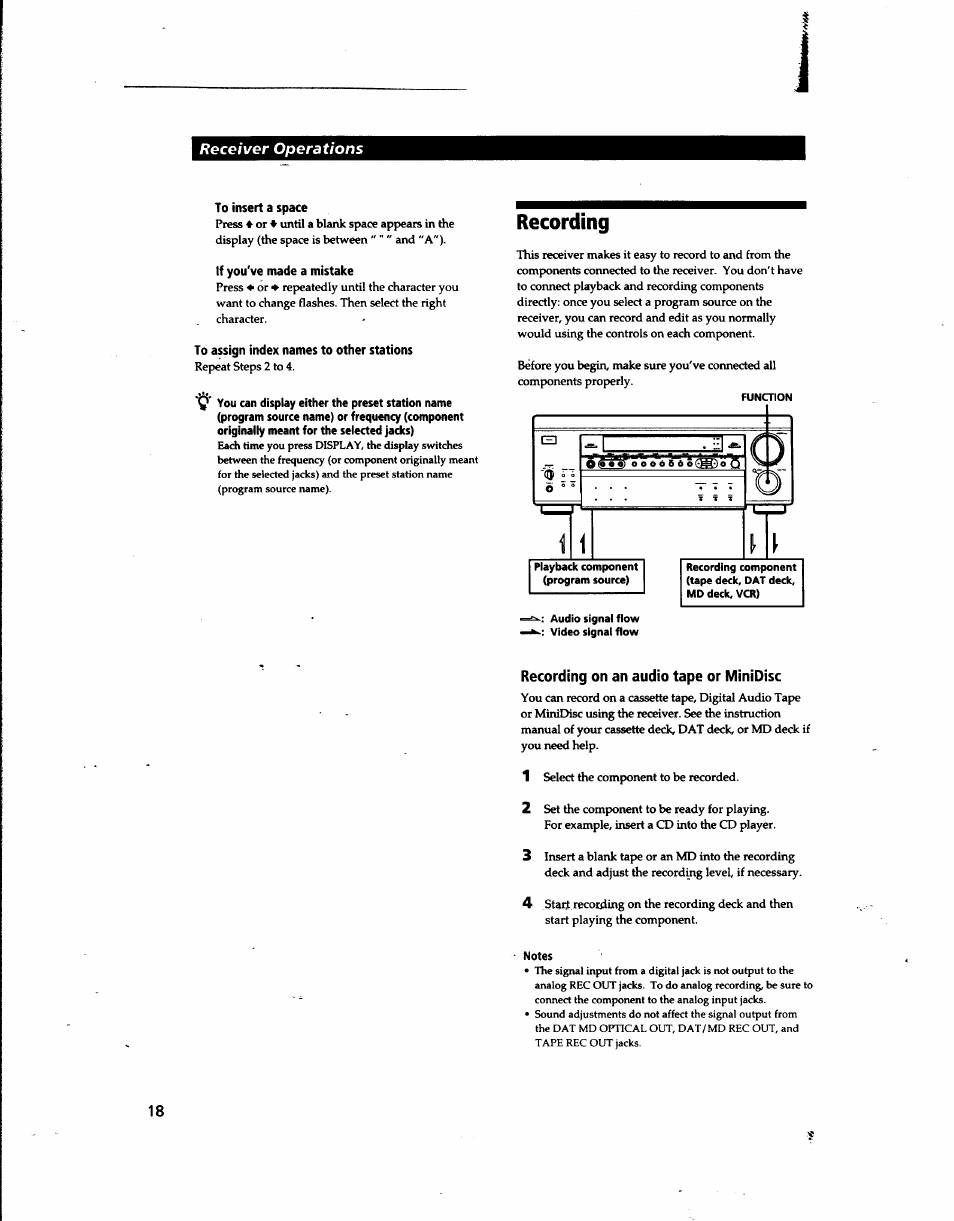 Recording, Recording on an audio tape or minidisc, Notes | Sony STR-DA80ES User Manual | Page 18 / 39