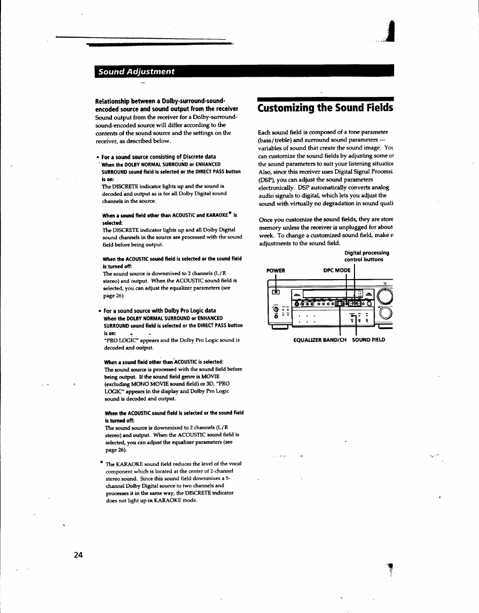 For a sound source with dolby pro logic data, Customizing the sound fields, Sound adjustment | Sony STR-DA80ES User Manual | Page 24 / 39