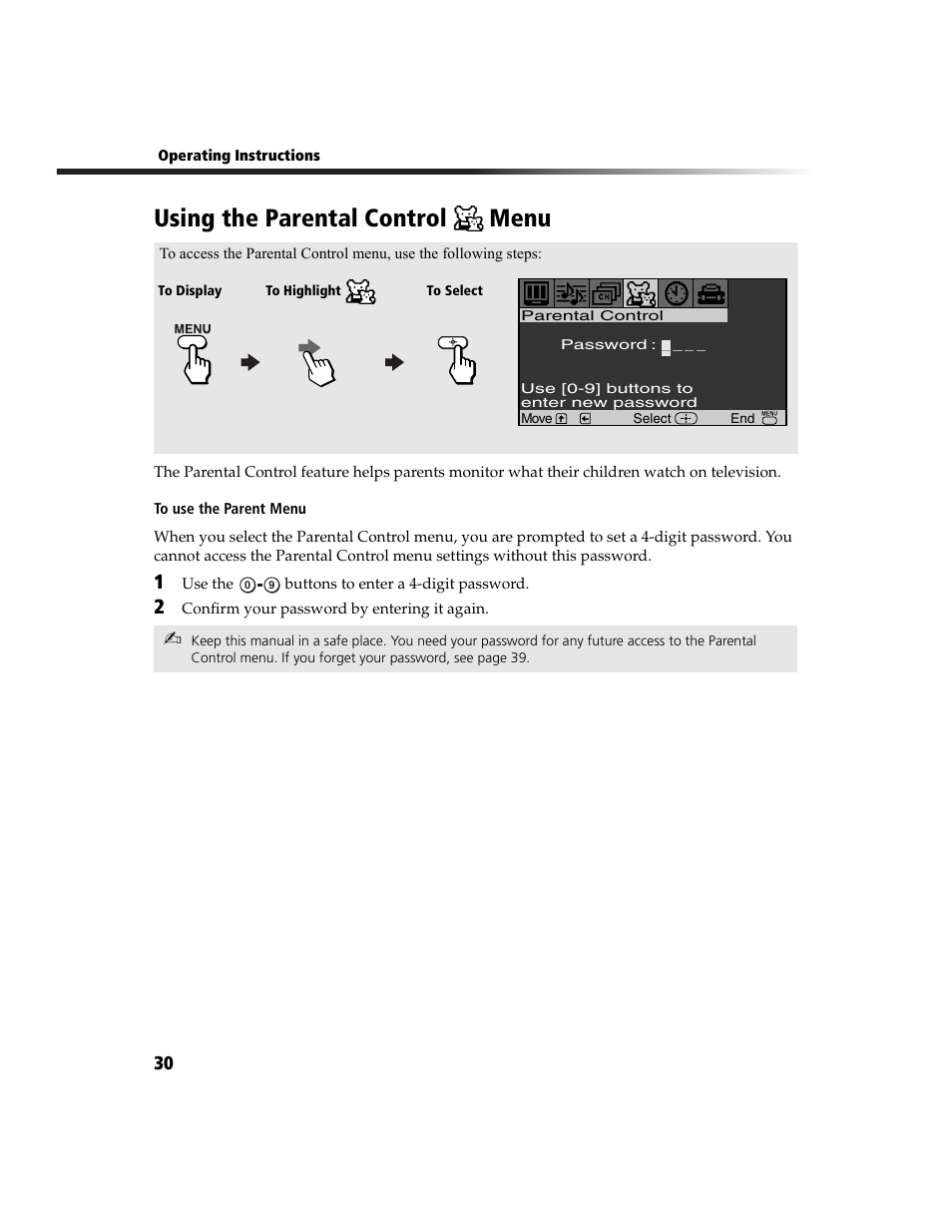 Using the parental control menu, Using the parental control, Menu | Sony WEGA  KV-20FA210 User Manual | Page 38 / 56