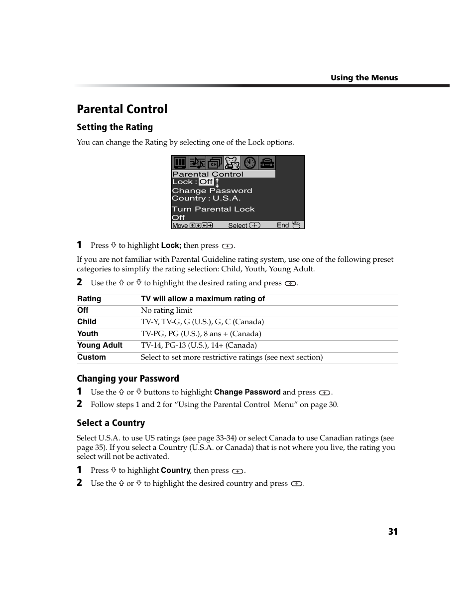Parental control, Changing your password, Select a country | Sony WEGA  KV-20FA210 User Manual | Page 39 / 56