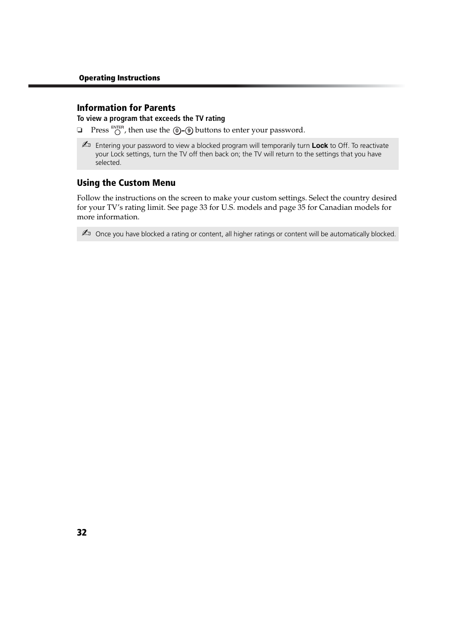 Information for parents, Using the custom menu | Sony WEGA  KV-20FA210 User Manual | Page 40 / 56