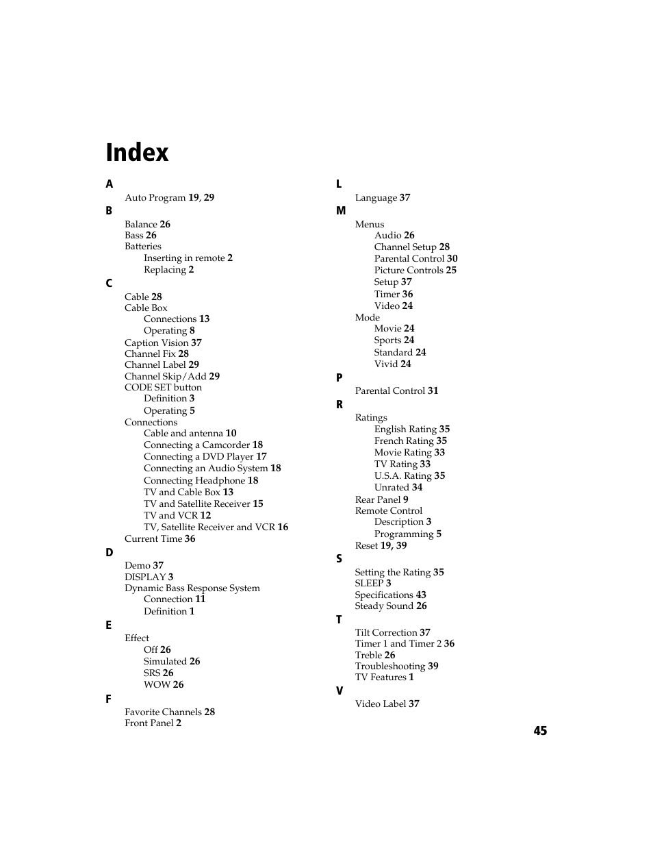 Index | Sony WEGA  KV-20FA210 User Manual | Page 53 / 56