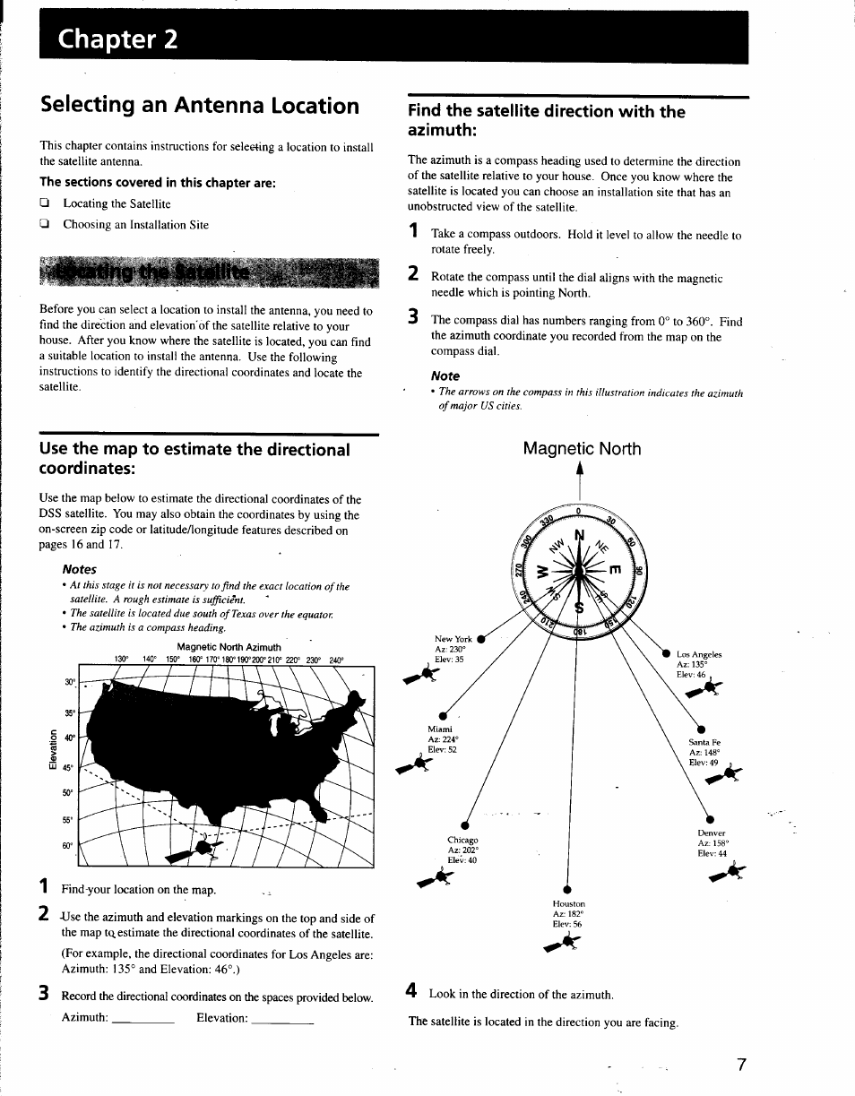 Find the satellite direction with the azimuth, Chapter 2, Selecting an antenna location | Sony SAT-A3 User Manual | Page 101 / 116