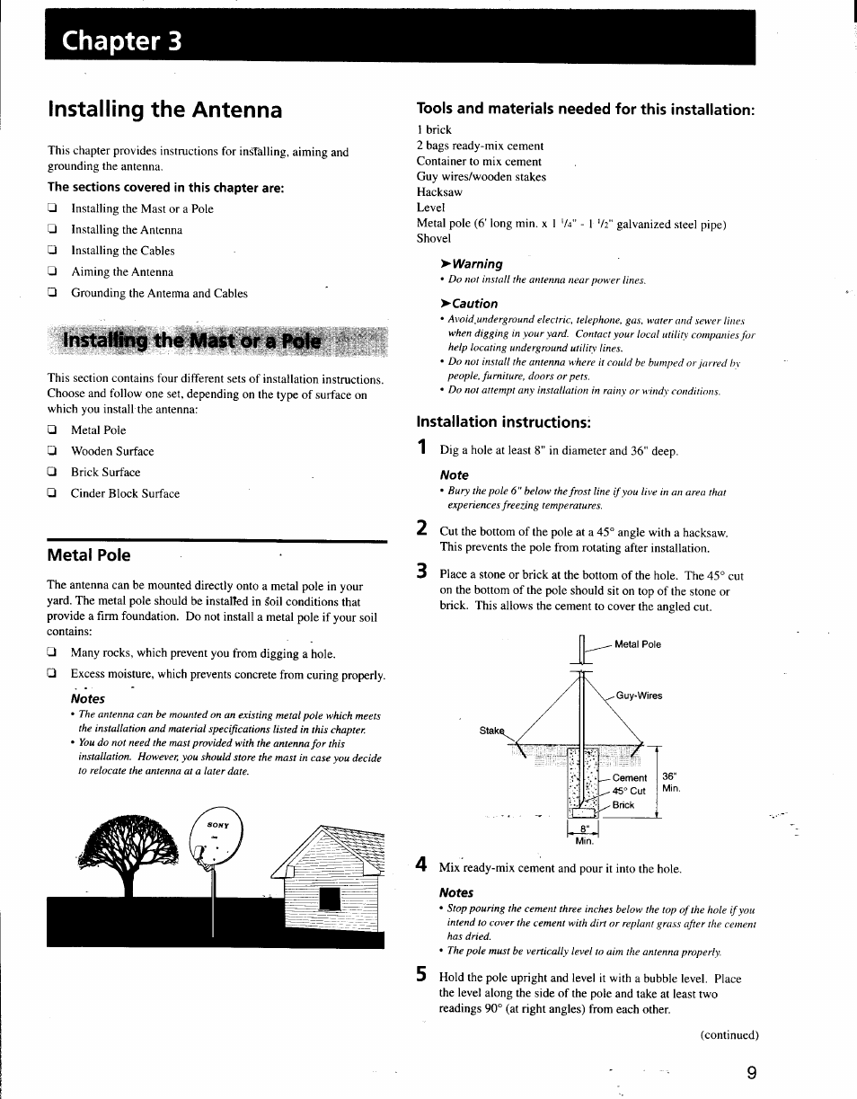 Metal pole, Tools and materials needed for this installation, Installation instructions | Chapter 3, Installing the antenna, Installing the mast or a pole, Warning, Caution | Sony SAT-A3 User Manual | Page 103 / 116