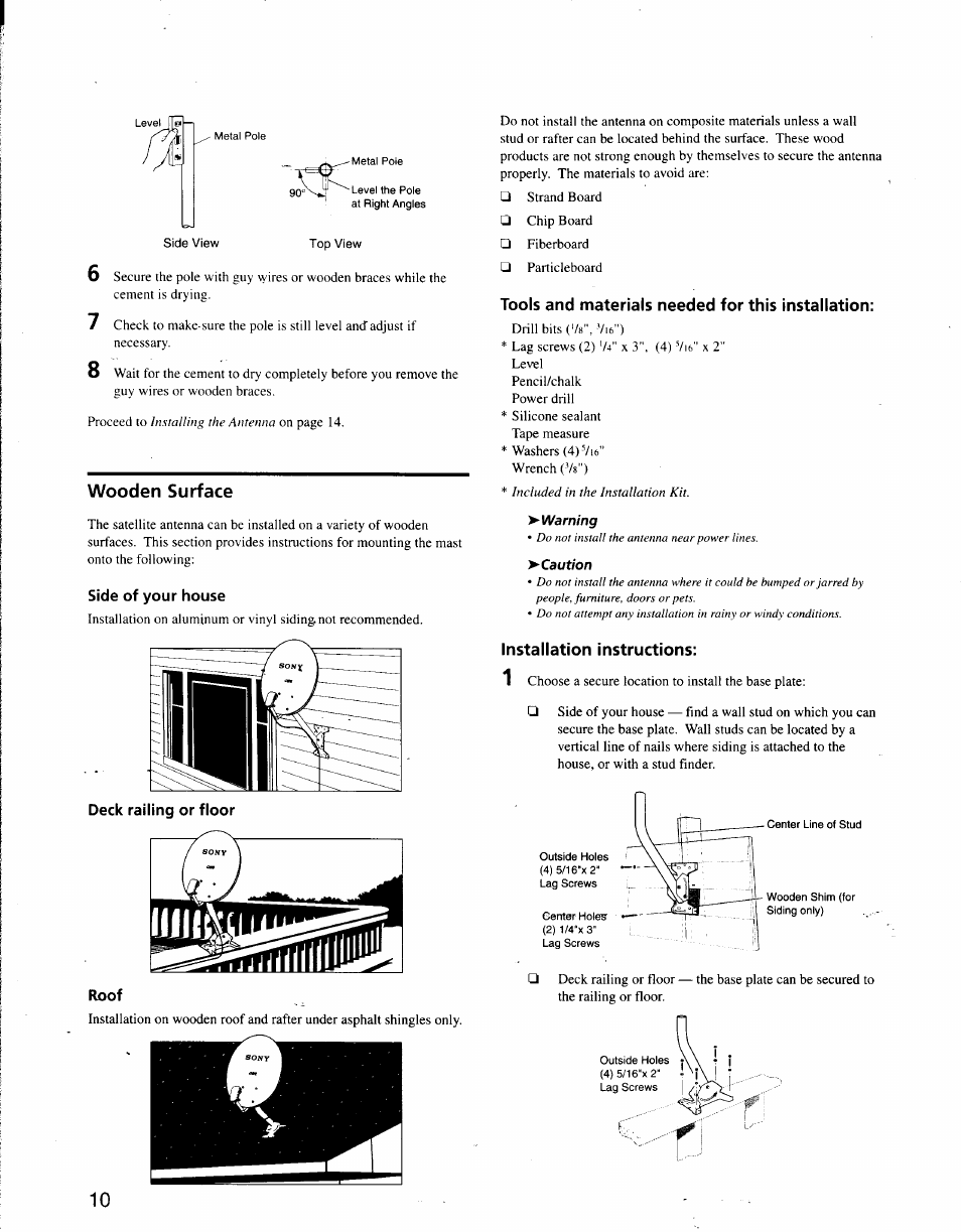 Wooden surface, Tools and materials needed for this installation, Installation instructions | Warning, Caution | Sony SAT-A3 User Manual | Page 104 / 116