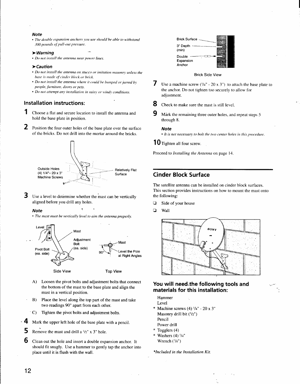 Installation instructions, Cinder block surface, Warning | Caution | Sony SAT-A3 User Manual | Page 106 / 116