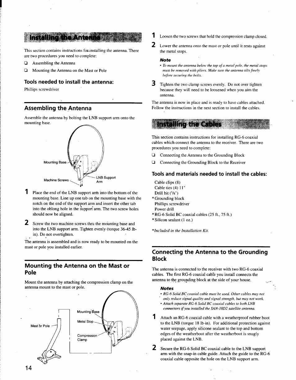 Tools needed to install the antenna, Assembling the antenna, Mounting the antenna on the mast or pole | Tools and materials needed to install the cables, Connecting the antenna to the grounding block, Aiming the antenna, Installing ttia antenih, Installing the cabfes | Sony SAT-A3 User Manual | Page 108 / 116