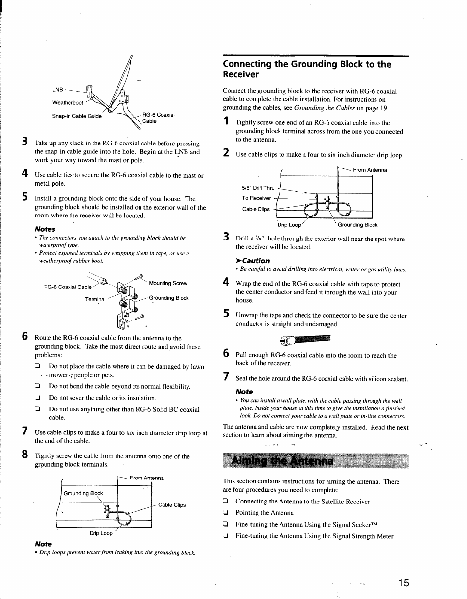 Connecting the grounding block to the receiver, Aiming the antena, Caution | Sony SAT-A3 User Manual | Page 109 / 116