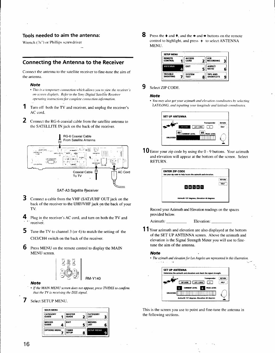 Tools needed to aim the antenna, Connecting the antenna to the receiver | Sony SAT-A3 User Manual | Page 110 / 116