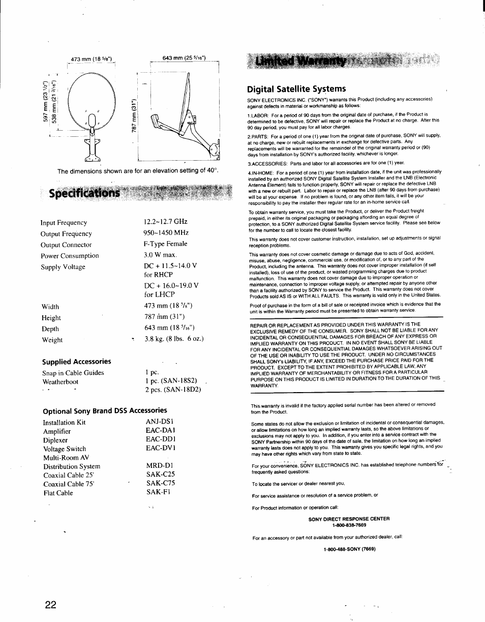 Digital satellite systems, Specifications, Ümtted warranty | Sony SAT-A3 User Manual | Page 115 / 116