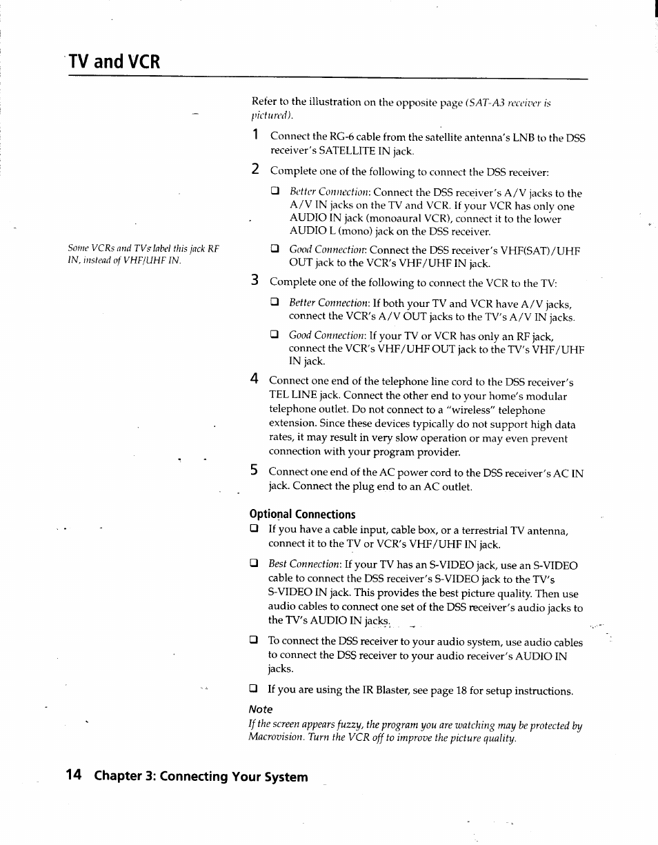 Tv and vcr, Optional connections | Sony SAT-A3 User Manual | Page 14 / 116