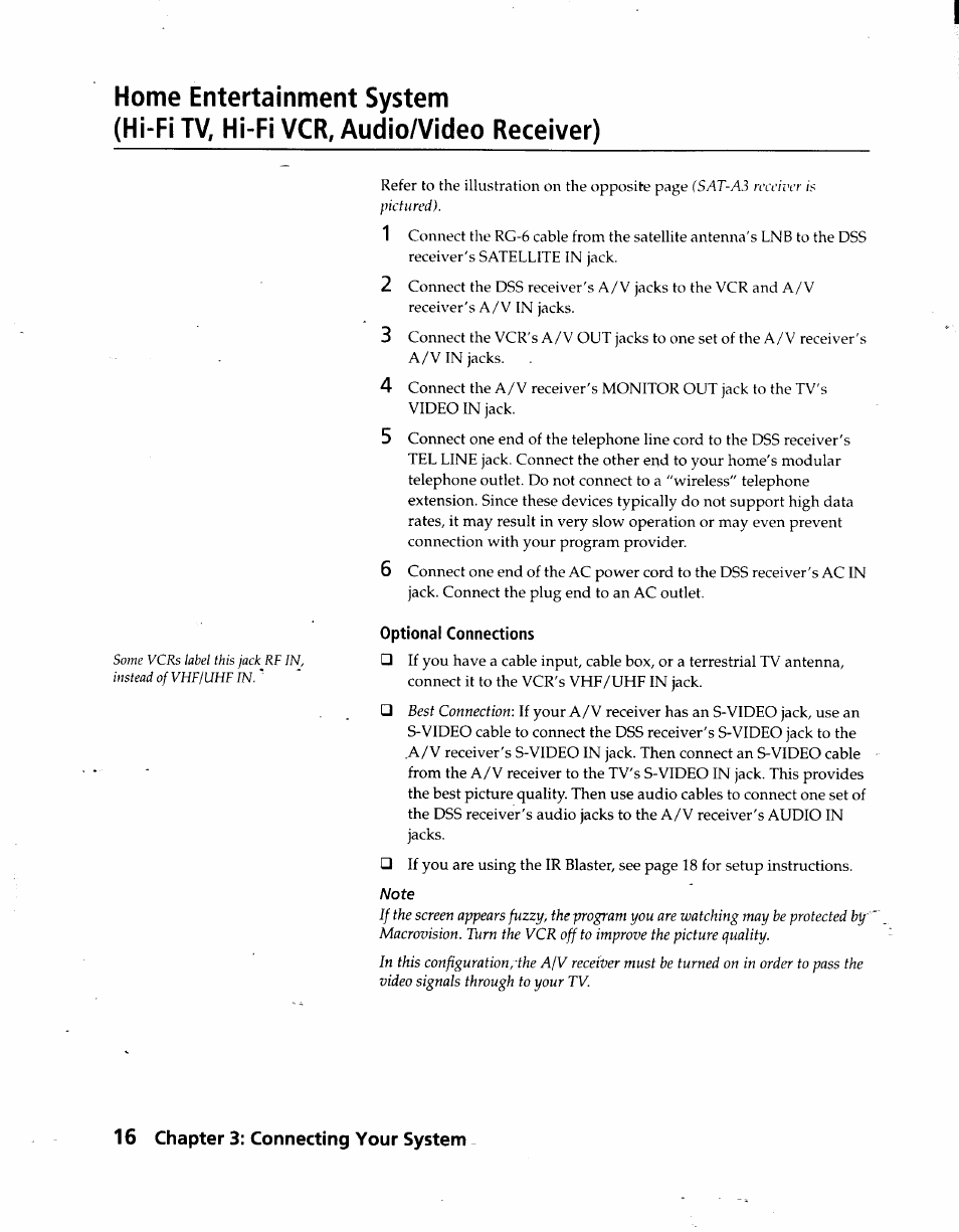 Home entertainment system, Hi-fi tv, hi-fi vcr, audio/video receiver), Optional connections | Sony SAT-A3 User Manual | Page 16 / 116