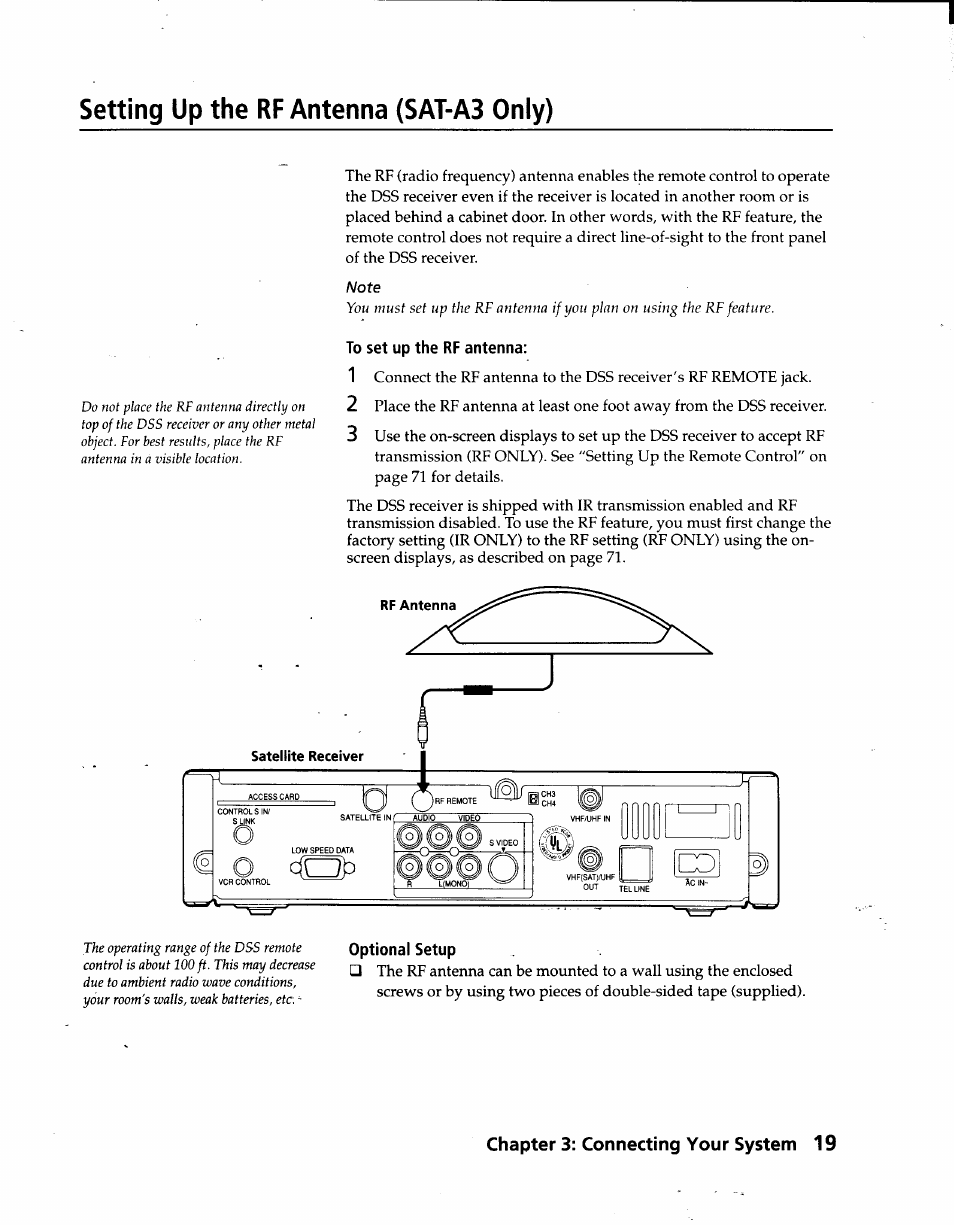 Setting up the rf antenna (sat-a3 only), To set up the rf antenna, Optional setup | Sony SAT-A3 User Manual | Page 19 / 116
