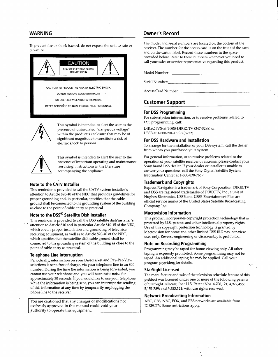 Warning owner's record, Caution, Customer support | Sony SAT-A3 User Manual | Page 2 / 116
