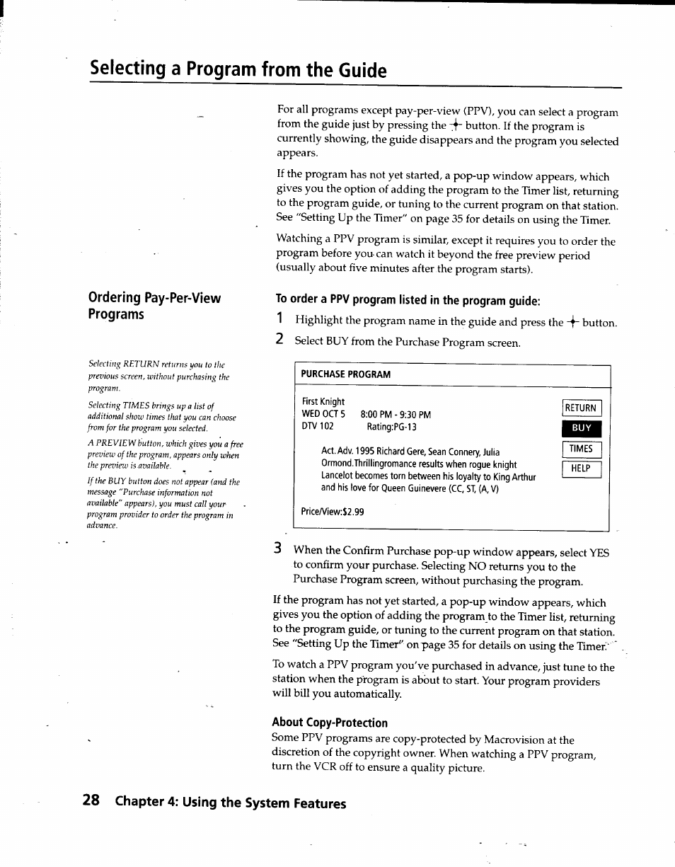 Selecting a program from the guide, To order a ppv program listed in the program guide, About copy-protection | Ordering pay-per-view programs, 28 chapter 4: using the system features | Sony SAT-A3 User Manual | Page 28 / 116