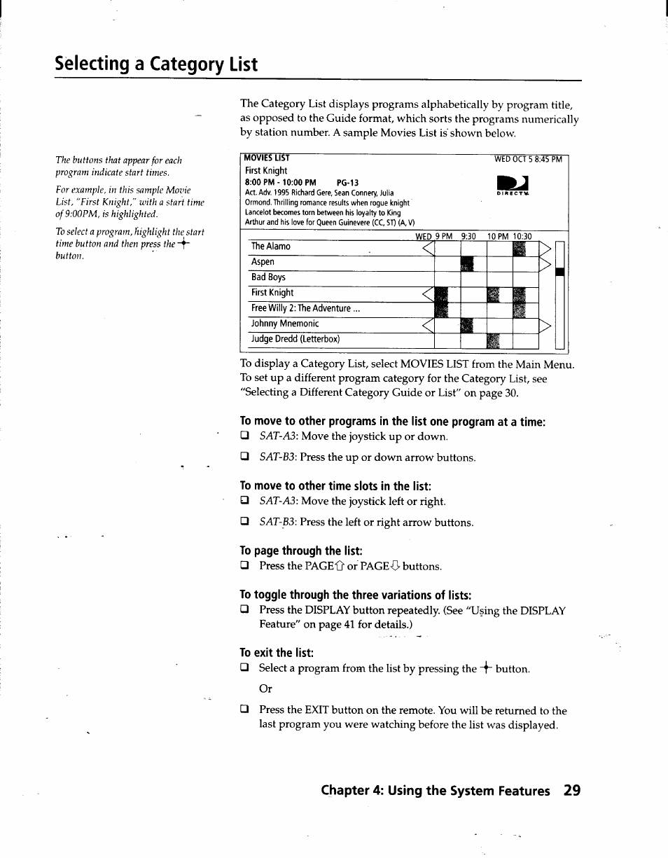 Selecting a category list, To move to other time slots in the list, To toggle through the three variations of lists | To exit the list, Chapter 4: using the system features 29 | Sony SAT-A3 User Manual | Page 29 / 116