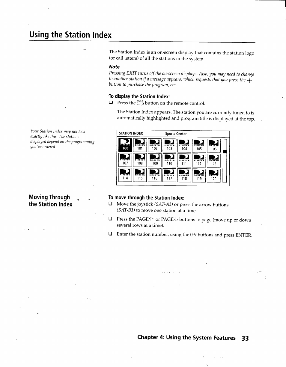 Using the station index, To display the station index, To move through the station index | Moving through the station index, Chapter 4: using the system features 33 | Sony SAT-A3 User Manual | Page 33 / 116