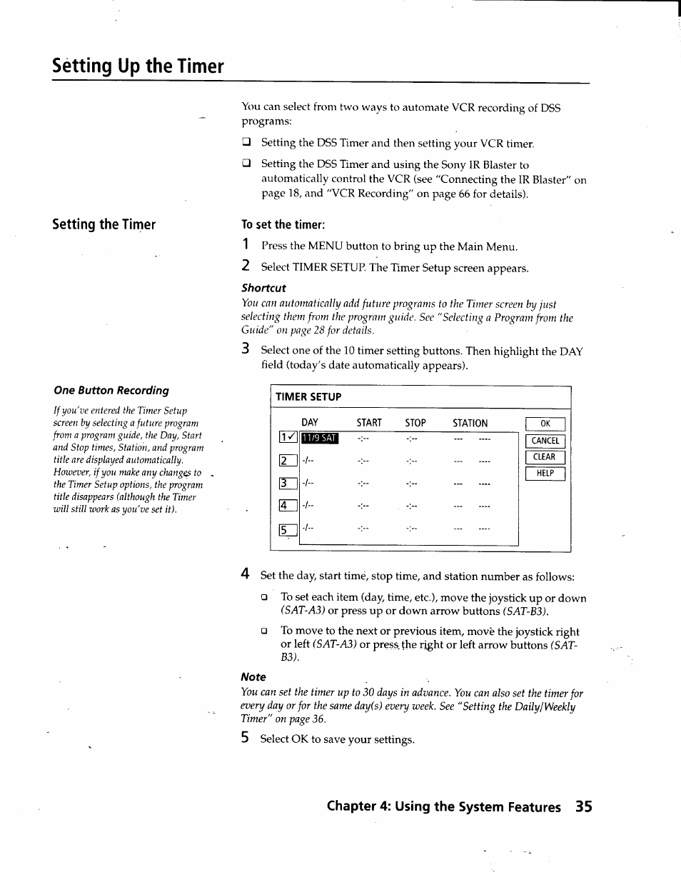 Setting up the timer, Setting the timer, To set the timer | Chapter 4: using the system features 35 | Sony SAT-A3 User Manual | Page 35 / 116