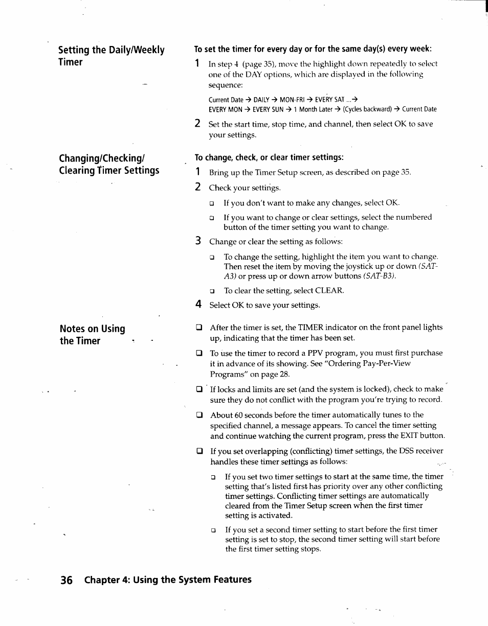 To change, check, or clear timer settings, 36 chapter 4: using the system features | Sony SAT-A3 User Manual | Page 36 / 116
