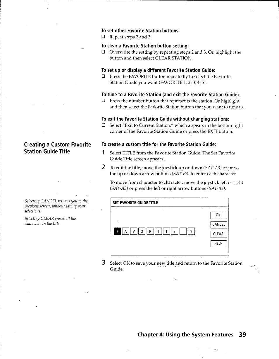 To set other favorite station buttons, To clear a favorite station button setting, I000e0qbdq | Creating a custom favorite station guide title, Chapter 4: using the system features 39 | Sony SAT-A3 User Manual | Page 39 / 116