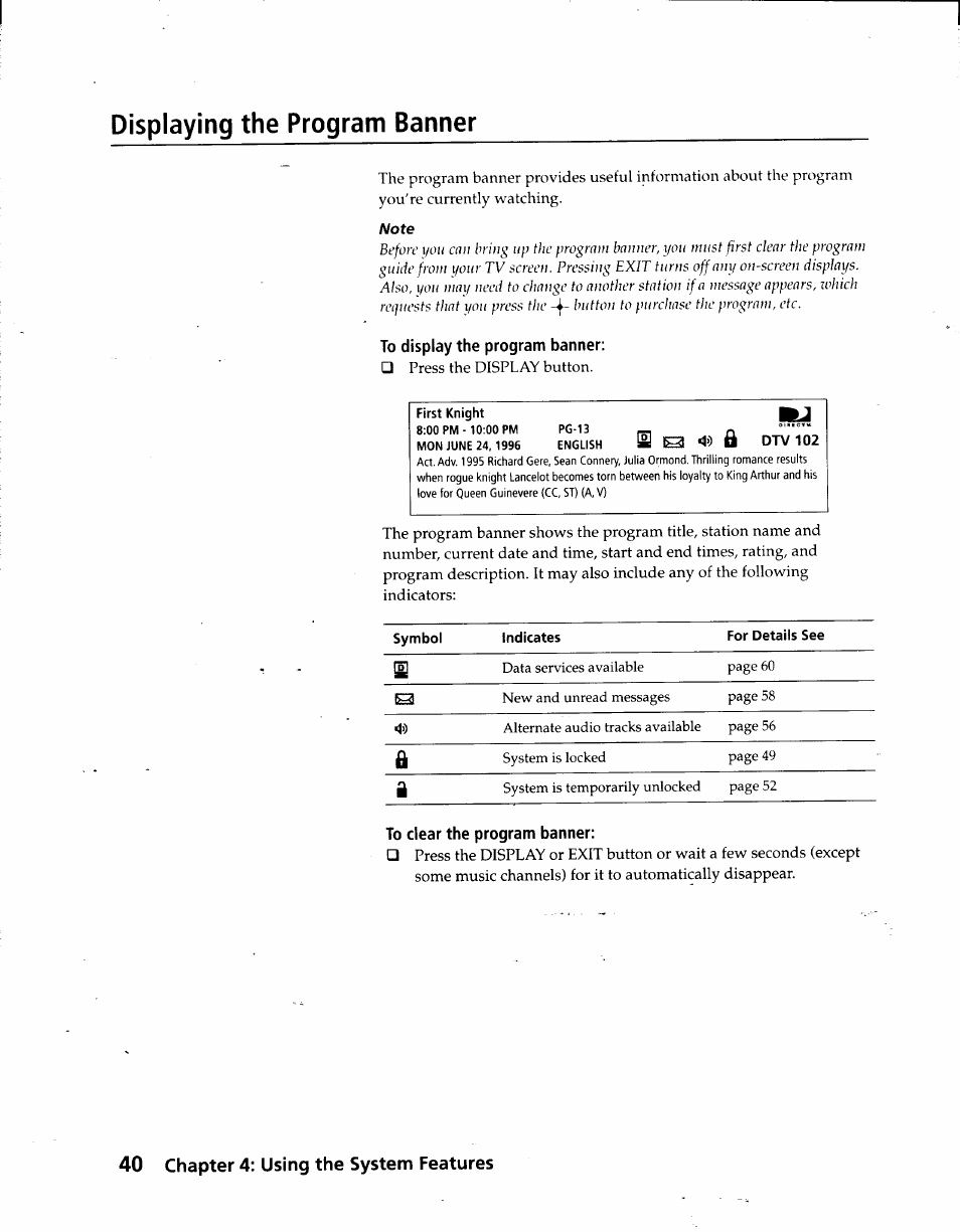 To display the program banner, To clear the program banner, Displaying the program banner | 40 chapter 4: using the system features | Sony SAT-A3 User Manual | Page 40 / 116