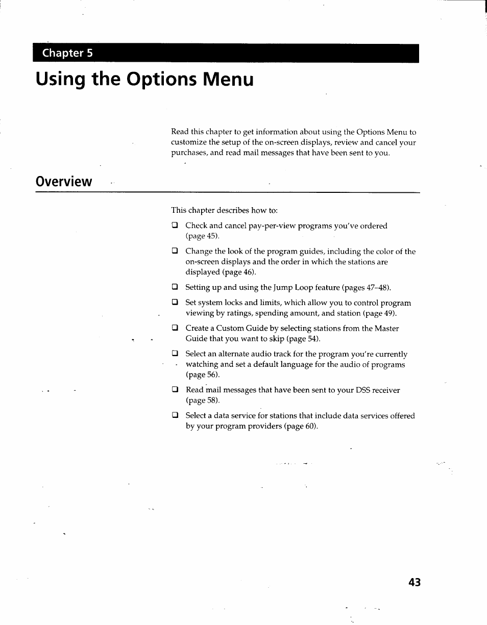 Using the options menu, Overview | Sony SAT-A3 User Manual | Page 43 / 116