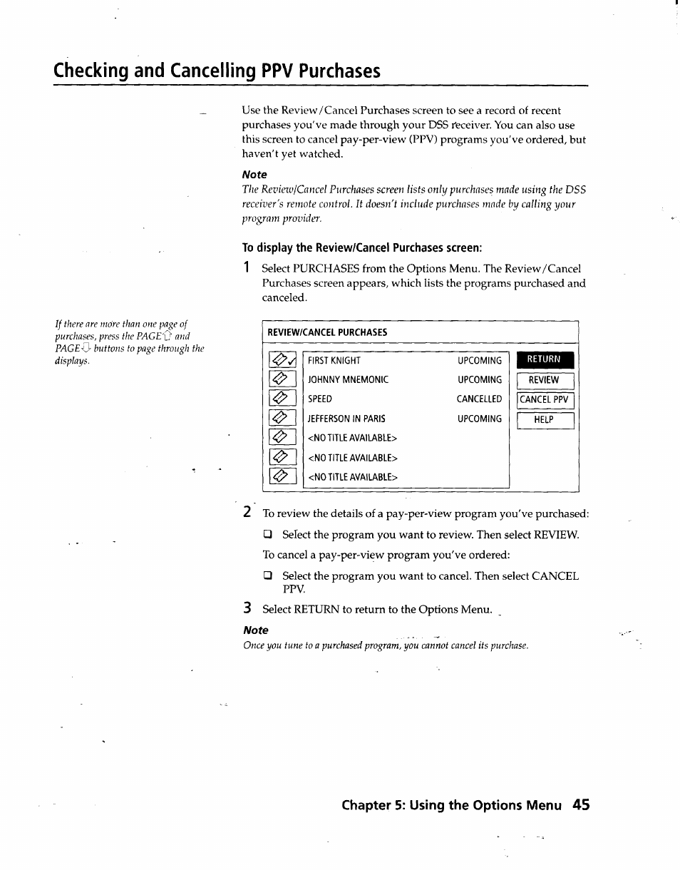 Checking and cancelling ppv purchases, To display the review/cancel purchases screen, Chapter 5: using the options menu 45 | Sony SAT-A3 User Manual | Page 45 / 116