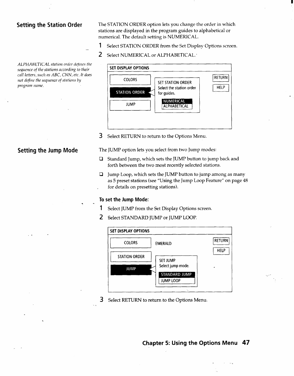 Setting the station order, To set the jump mode, Chapter 5: using the options menu 47 | Sony SAT-A3 User Manual | Page 47 / 116