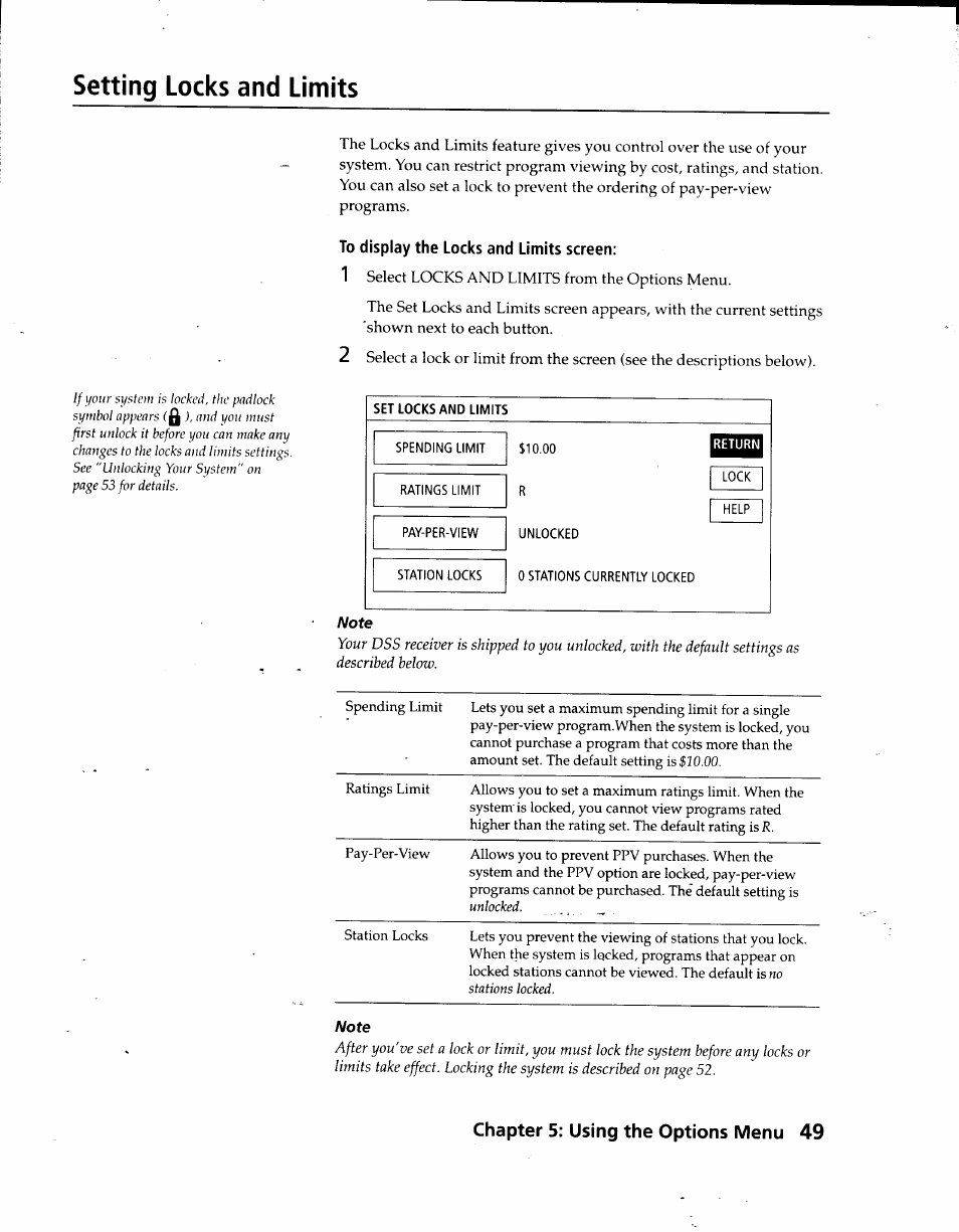 Setting locks and limits, To display the locks and limits screen, Chapter 5: using the options menu 49 | Sony SAT-A3 User Manual | Page 49 / 116