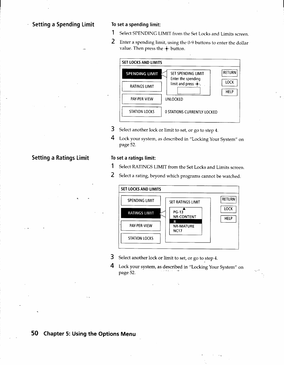 To set a spending limit, To set a ratings limit, 50 chapter 5: using the options menu | Sony SAT-A3 User Manual | Page 50 / 116