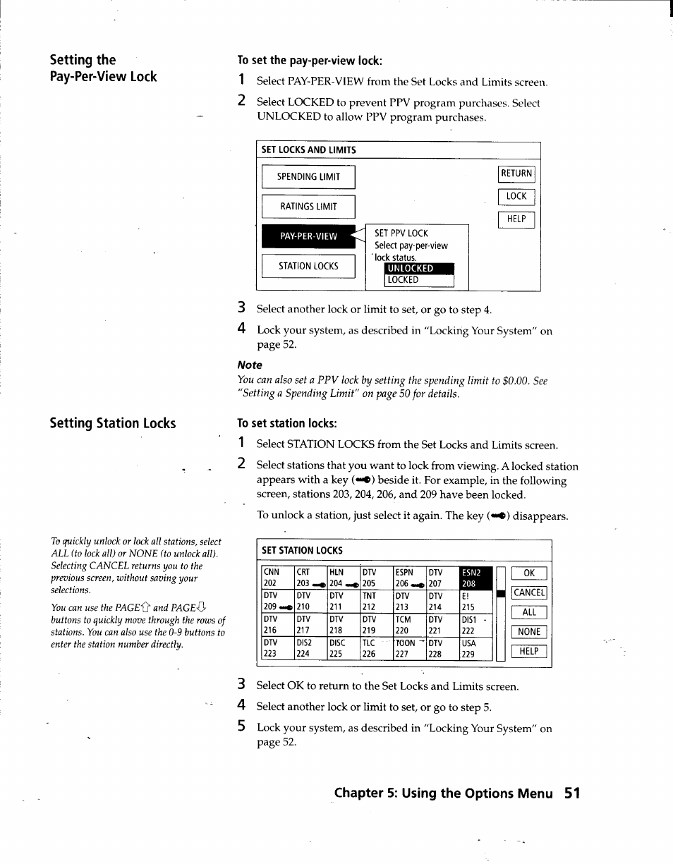 To set the pay-per-view lock, To set station locks, Chapter 5: using the options menu 51 | Sony SAT-A3 User Manual | Page 51 / 116