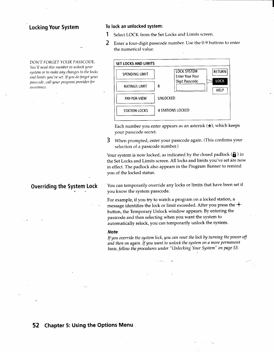 To lock an unlocked system, Locking your system, Overriding the system lock | 52 chapter 5: using the options menu | Sony SAT-A3 User Manual | Page 52 / 116