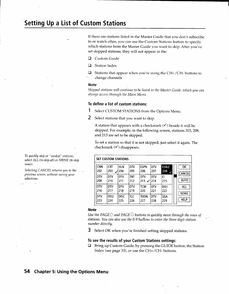 Setting up a list of custom stations, To define a list of custom stations, 54 chapter 5: using the options menu | Sony SAT-A3 User Manual | Page 54 / 116