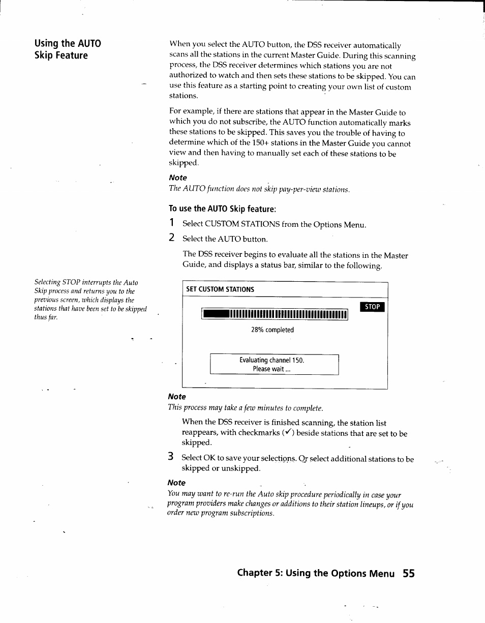 To use the auto skip feature, Chapter 5: using the options menu 55 | Sony SAT-A3 User Manual | Page 55 / 116