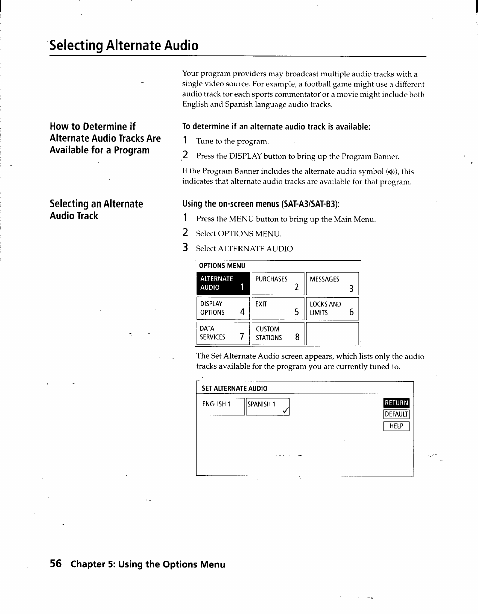 Selecting alternate audio, Using the on-screen menus (sat-a3/sat-b3), 56 chapter 5: using the options menu | Sony SAT-A3 User Manual | Page 56 / 116