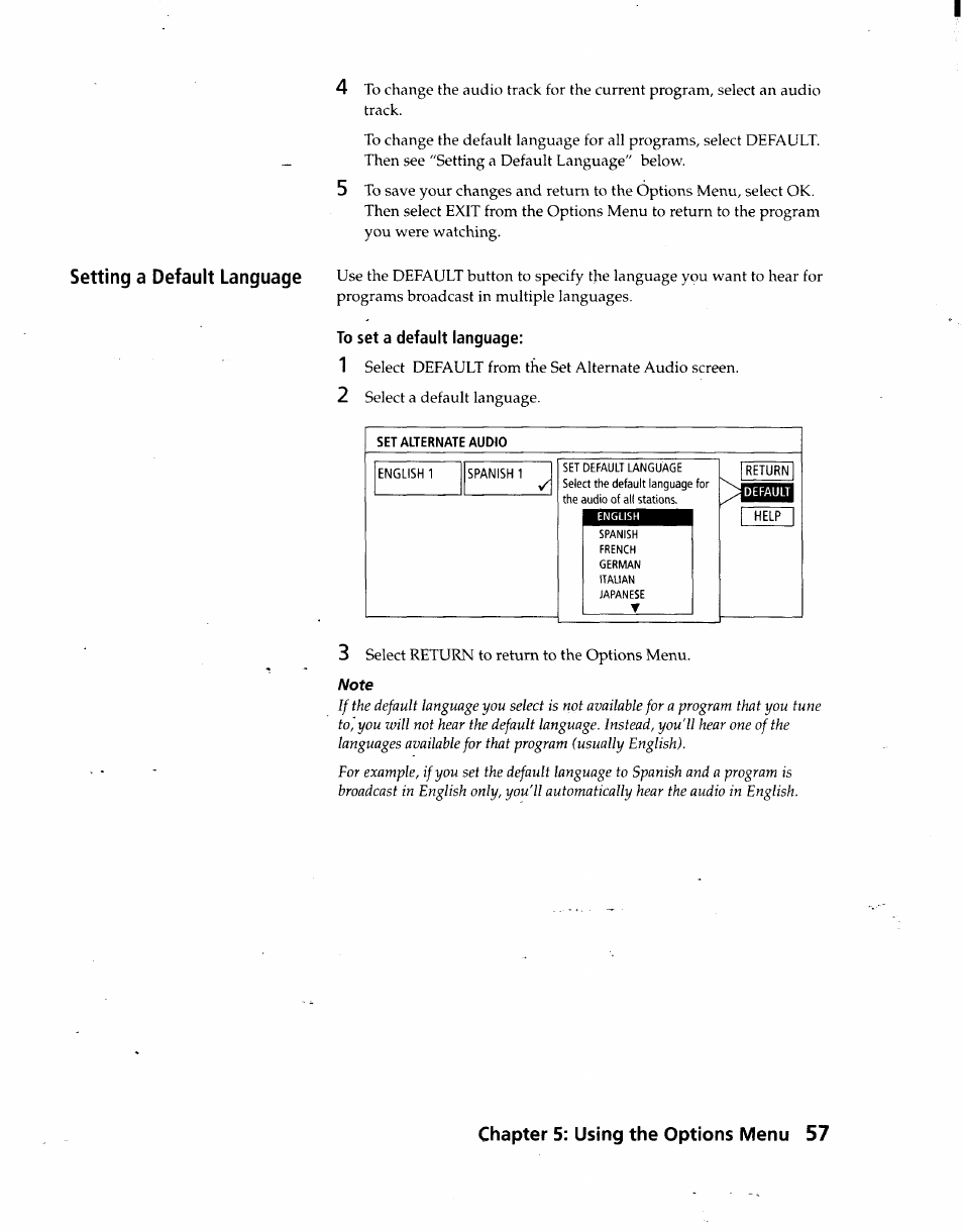 To set a default language, Chapter 5: using the options menu 57, Setting a default language | Sony SAT-A3 User Manual | Page 57 / 116